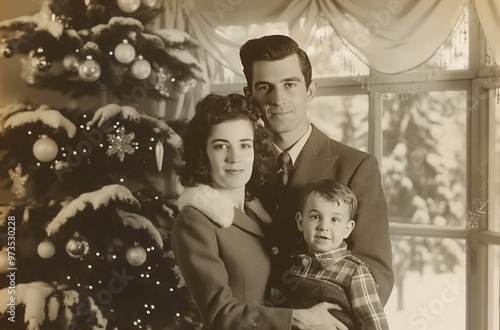 Family posing for christmas photo by window and christmas tree