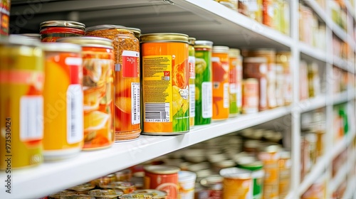 Canned food neatly arranged on a white shelf, emphasizing expiration dates and safety labels for food safety awareness. 