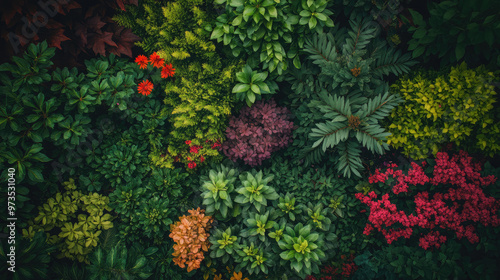 Top-down view of a garden with a variety of flowering shrubs and plants creating a colorful and textured landscape with lush greenery.