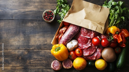 A rustic scene with a brown bag filled with fresh vegetables, fruits, and meats on a wooden background, each item crisp and vibrant in detail photo