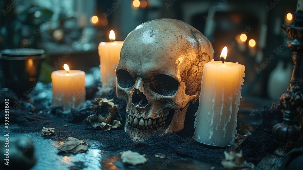 A skull surrounded by candles and dark decor, evoking a spooky atmosphere. A skull surrounded by candles and dark decor, evoking a spooky atmosphere.