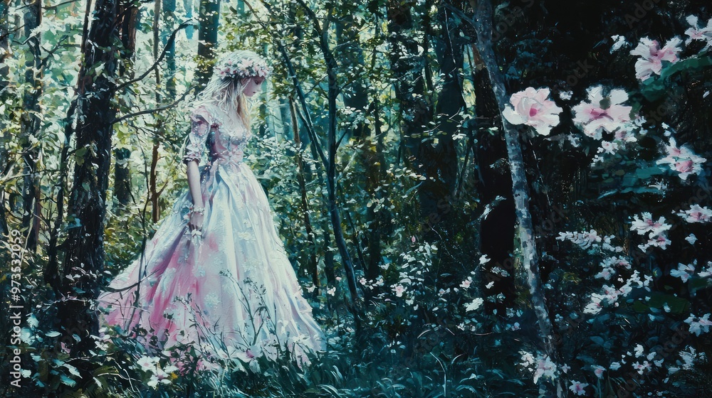 A young woman in a flowing white gown stands in a forest, surrounded by lush greenery and delicate flowers. A young woman in a flowing white gown stands in a forest, surrounded by lush greenery and delicate flowers.