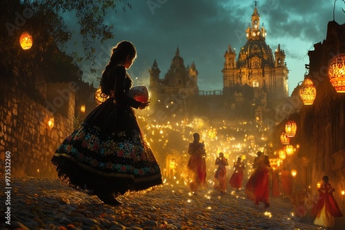 Girl holding candle leading lantern festival procession in santiago de compostela