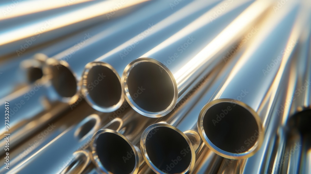 Shiny metal steel pipes stacked in a heap with selective focus effect, showcasing industrial construction materials and manufacturing components used in infrastructure and engineering Shiny metal steel pipes stacked in a heap with selective focus effect, showcasing industrial construction materials and manufacturing components used in infrastructure and engineering