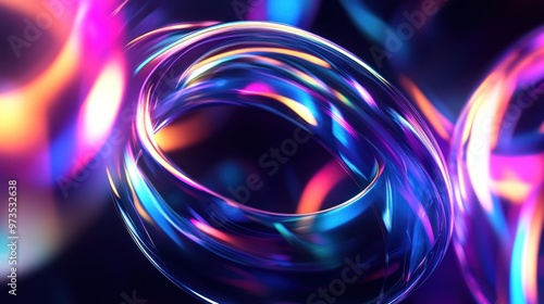 Abstract neon light curves in a 3D render.