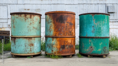 Aged chemical barrels stored in toxic waste warehouse featuring blue, green steel oil drums. Industrial hazardous waste management and recycling for environmental protection and safety compliance