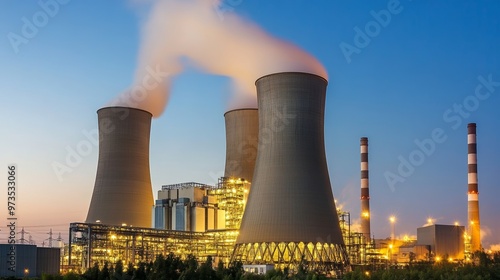 Industrial power plant with towering structures and machinery generating energy at twilight, highlighting modern infrastructure for electricity production and large-scale industrial operations photo