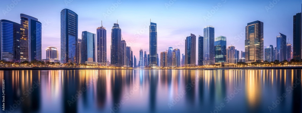 Obraz premium Modern City Skyline at Dusk with Reflections