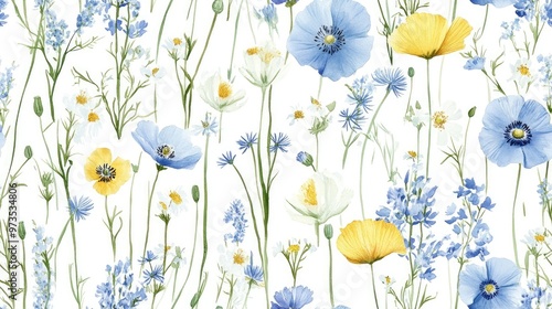 Watercolor pattern of wild field flowers on sky blue Charming seamless texture featuring chamomile poppy lupin dandelion cornflower and forget me not on a white background Meadow botanicals