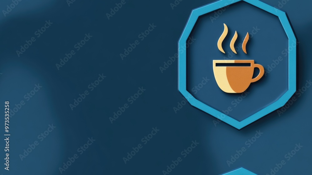 Coffee cup symbol within a blue hexagon badge Coffee cup symbol within a blue hexagon badge