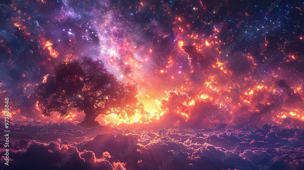 Fantasy Landscape with Tree and Stars Fantasy Landscape with Tree and Stars