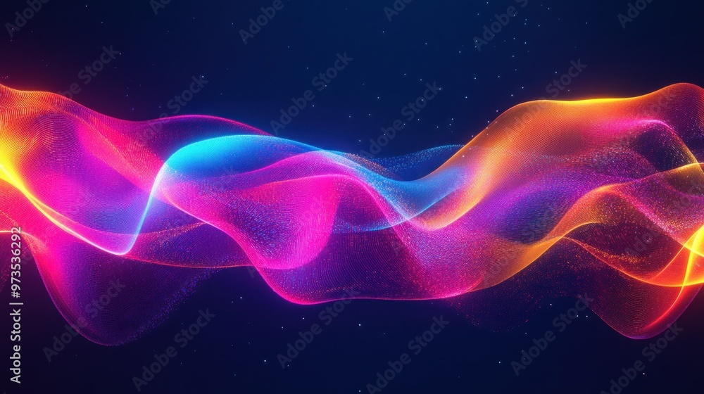 Abstract glowing wave of pink, blue, and orange light with sparkles on dark blue background. Abstract glowing wave of pink, blue, and orange light with sparkles on dark blue background.