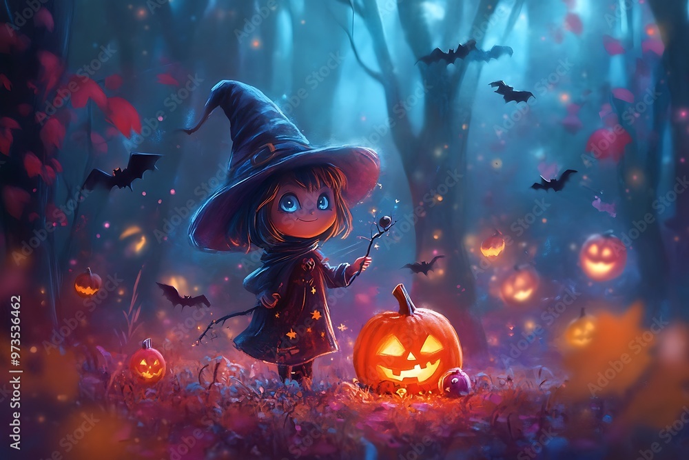 Fototapeta premium Cute Halloween Witch in Forest with Jack o Lantern and Bats