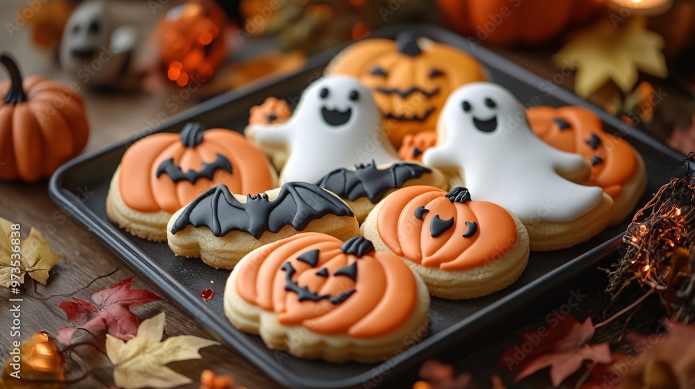 Festive Halloween cookies on a dark background Festive Halloween cookies on a dark background
