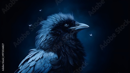black raven on blue background.