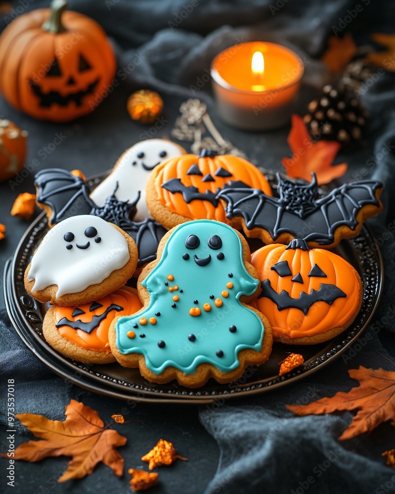 Festive Halloween cookies on a dark background Festive Halloween cookies on a dark background