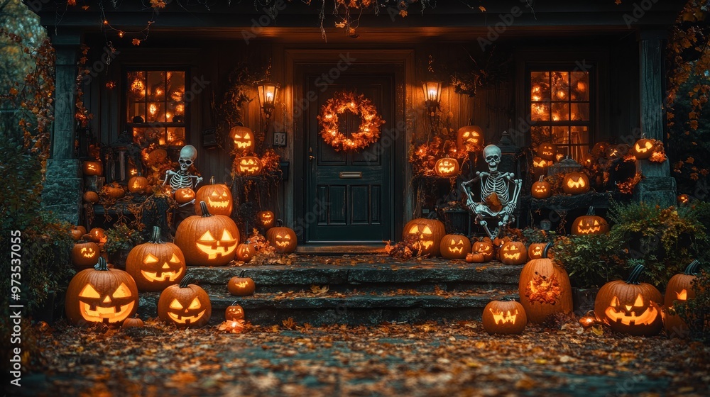 A festive Halloween scene with carved pumpkins and skeletons. A festive Halloween scene with carved pumpkins and skeletons.