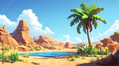 Oasis in the desert with palm tree, blue sky, and red rocks