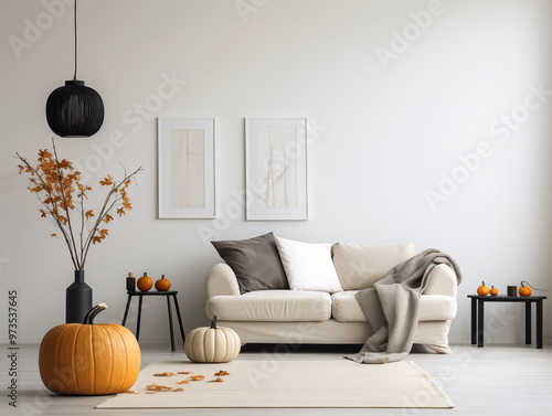 Modern minimalist japandi interior living room with halloween decor elements in neutral color with orange accent