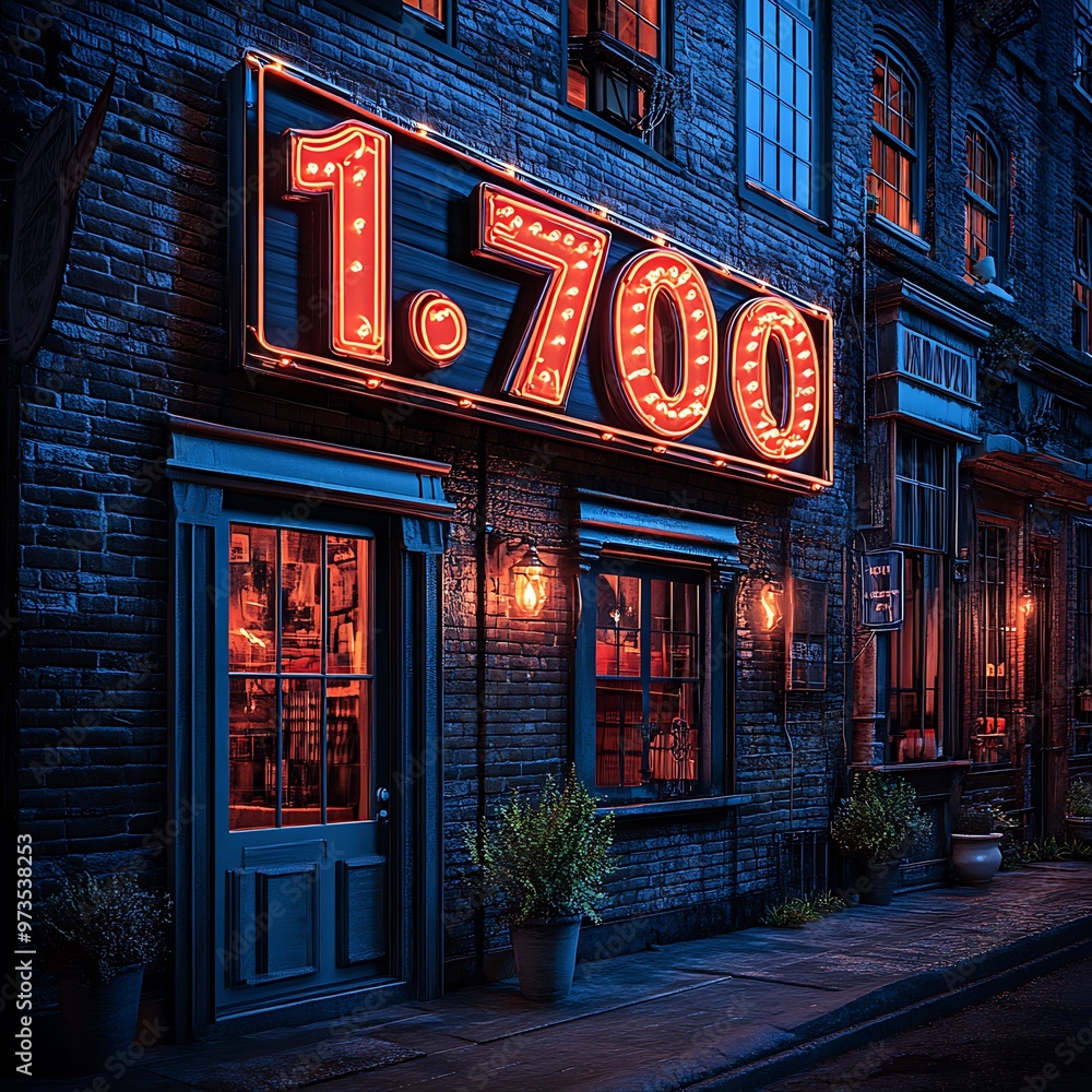 Obraz premium Vintage storefront with neon sign, 1700, at night