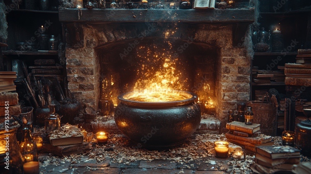 A mystical scene with a cauldron, fire, and ancient books. A mystical scene with a cauldron, fire, and ancient books.