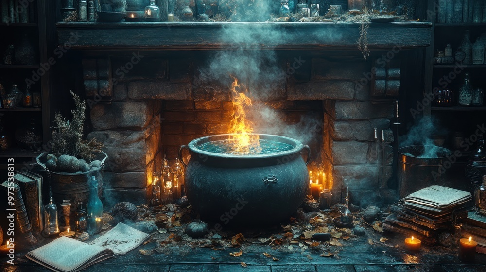 A mystical cauldron simmers in a candlelit, enchanted setting. A mystical cauldron simmers in a candlelit, enchanted setting.
