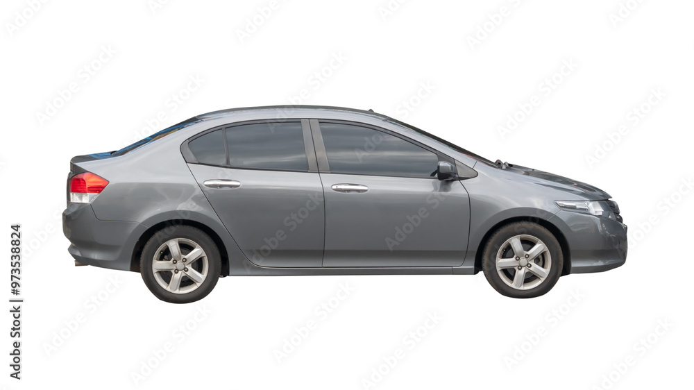 Side view of gray sedan sports car isolated with clipping path in png file format Side view of gray sedan sports car isolated with clipping path in png file format