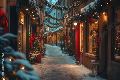 Festive Christmas market alley with lights and decorations