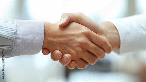 A business deal handshake after an agreement represents a business concept, white background.