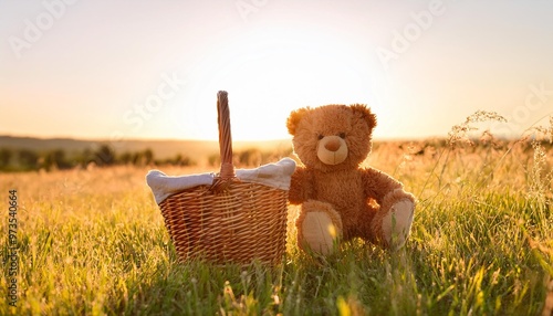 a teddy bear with a picnic basket in a sunny field capturing a moment of pure bliss photo