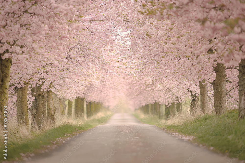 Cherry blossom trees lining a peaceful pathway, road between blossom trees. Cherry blossom trees lining a peaceful pathway, road between blossom trees.