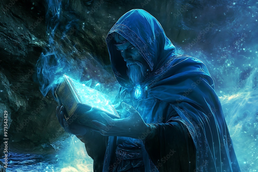 Wizard reading an ancient glowing book in a fantasy setting Wizard reading an ancient glowing book in a fantasy setting