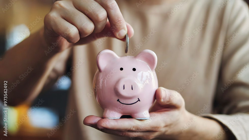 Close-up of person placing a coin into a pink piggy bank, symbolizing savings, budgeting, and financial planning Close-up of person placing a coin into a pink piggy bank, symbolizing savings, budgeting, and financial planning