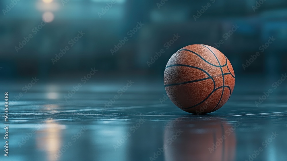 A basketball resting on a polished court surface, reflecting ambient light. A basketball resting on a polished court surface, reflecting ambient light.