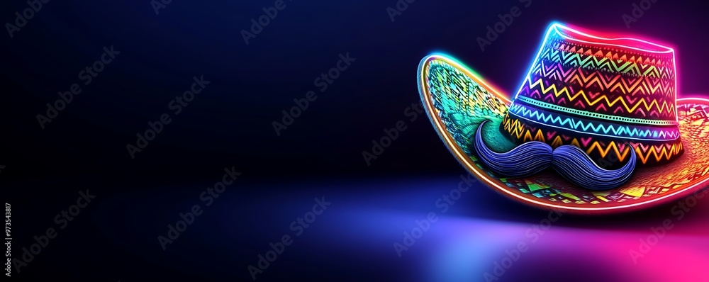 Fototapeta premium A Neon Tribute to Mexican Festivity with the Glowing Sombrero and Mustache Duo