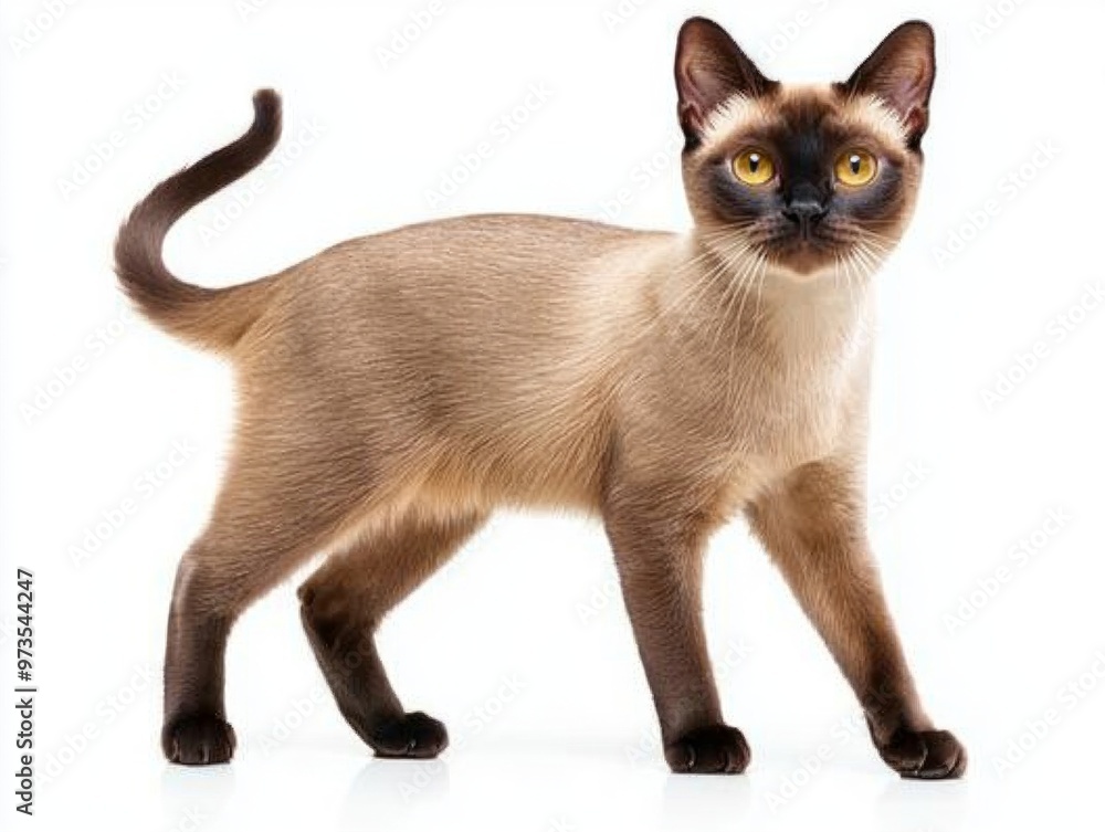 elegant Burmese cat showcases its sleek, short coat and captivating yellow eyes, exuding charm and curiosity in a pristine setting.