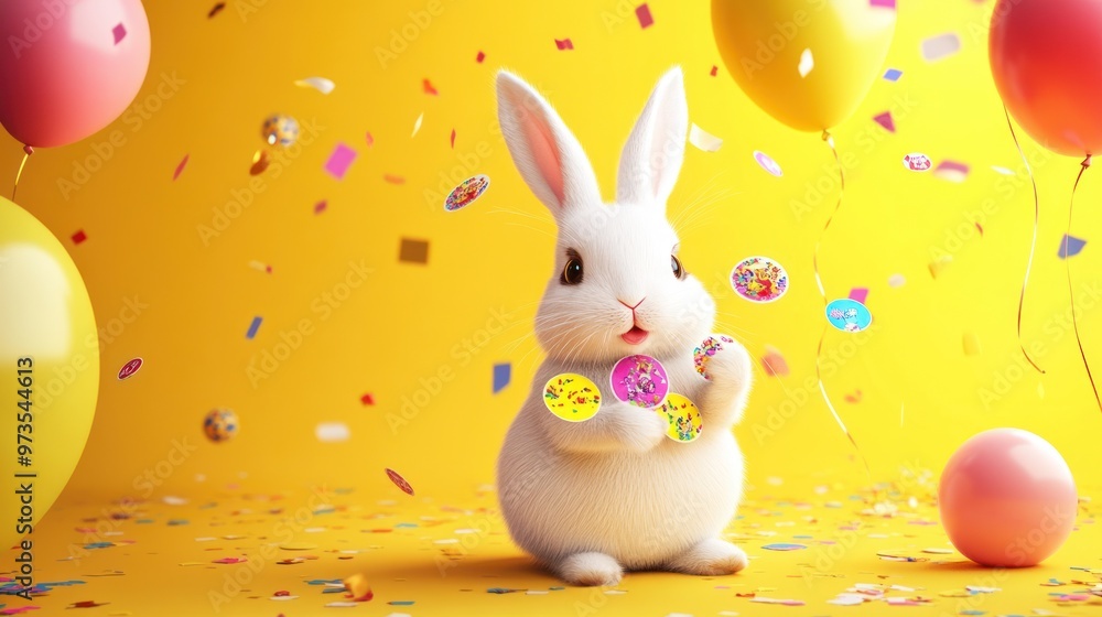 A cute white rabbit holding colorful confetti on a yellow background with balloons. A cute white rabbit holding colorful confetti on a yellow background with balloons.