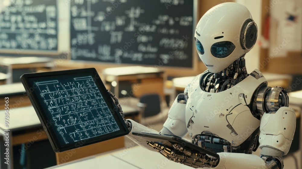 A humanoid robot in a classroom, holding a tablet with mathematical equations displayed on its screen, in front of a blackboard filled with formulas. A humanoid robot in a classroom, holding a tablet with mathematical equations displayed on its screen, in front of a blackboard filled with formulas.