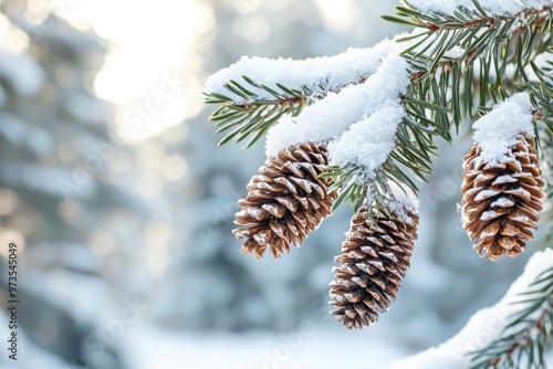 Wallpaper Mural Photorealistic close-up of snow-covered pine branch with pine cones during winter snowfall, holiday scenery, Ai Generation Torontodigital.ca