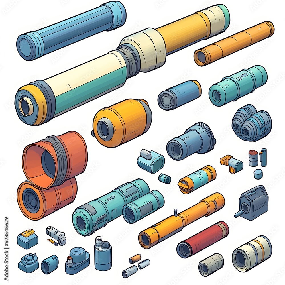 Set of colorful futuristic sci fi industrial pipes, tubes, and connectors. 3D cartoon illustration. Set of colorful futuristic sci fi industrial pipes, tubes, and connectors. 3D cartoon illustration.