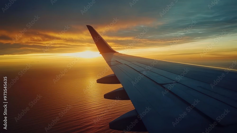 Airplane wing over water at sunset. Airplane wing over water at sunset.