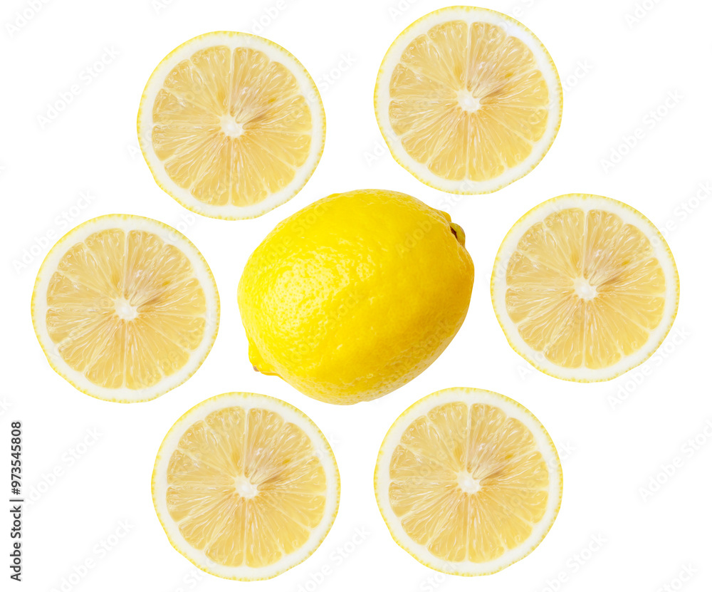 Top view set of single fresh ripe yellow lemon fruit with halves or slices isolated with clipping path in png file format Top view set of single fresh ripe yellow lemon fruit with halves or slices isolated with clipping path in png file format