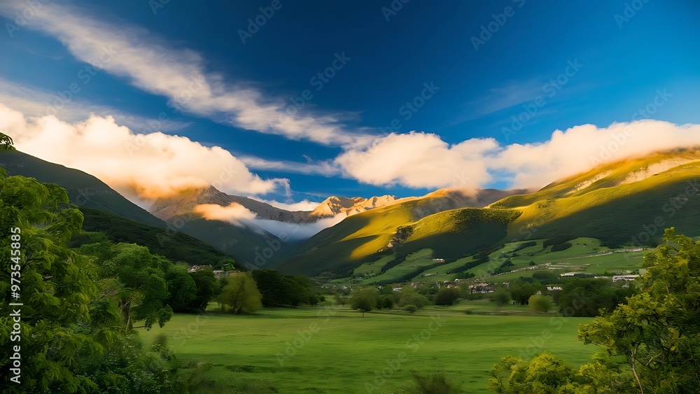 Obraz premium Photo of beautiful mountain landscape, natural background, blue sky with bright sun light, fresh air, green pasture valley in Lebanon mountains, scenic place, traveling and active vacation concept