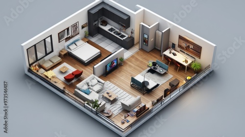 Isometric view of a modern apartment interior design.