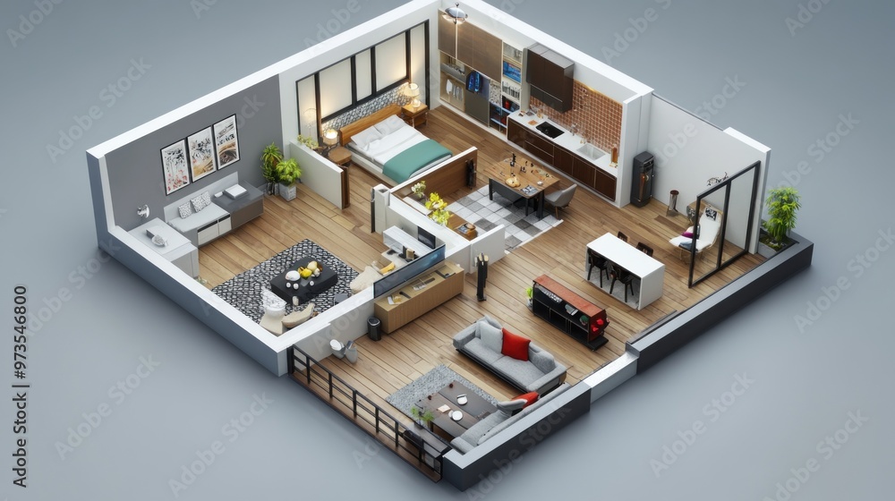 Naklejka premium Isometric 3D model of a modern house interior design with furniture.