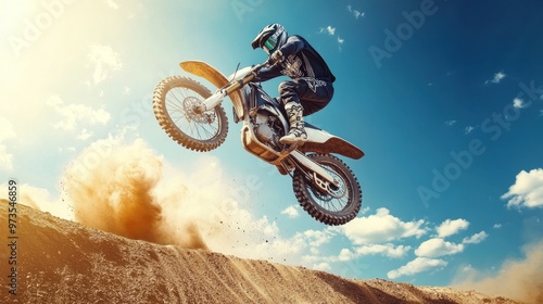 A motocross rider performs a jump over a dirt ramp, kicking up dust in a vibrant sky.