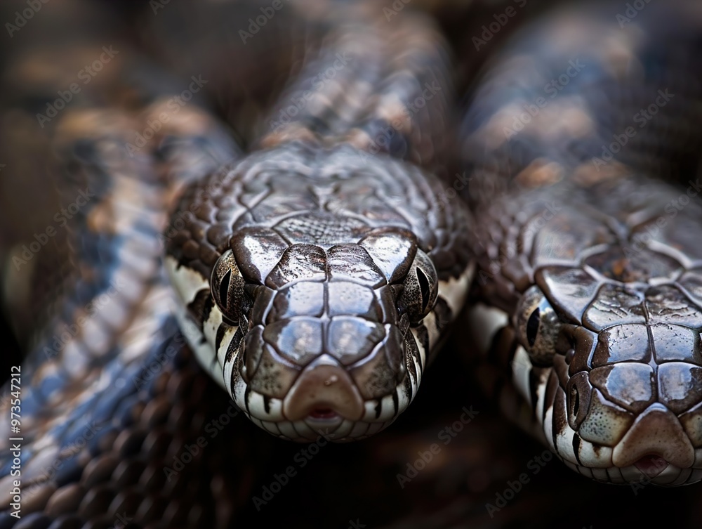 Close-Up of a Snake's Head with Scales and Eyes Close-Up of a Snake's Head with Scales and Eyes