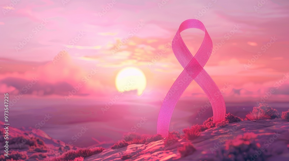 beautiful sunset with a pink ribbon symbolizing breast cancer awareness, set against a dreamy pastel sky. beautiful sunset with a pink ribbon symbolizing breast cancer awareness, set against a dreamy pastel sky.