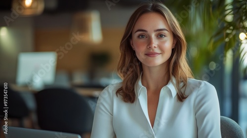 Young businesswoman in a white blouse sitting in a cafe.