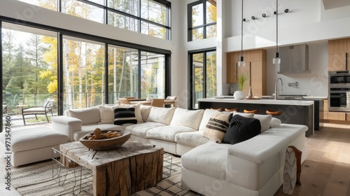 modern living room with large windows, white furniture, and natural decor, perfect for stylish home inspiration.